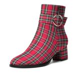 NUMALEO Womens Matte Zip Fashion Round Toe Party Solid Chunky Low Heel Ankle High Boots 2 Inch, Red Plaid, 8