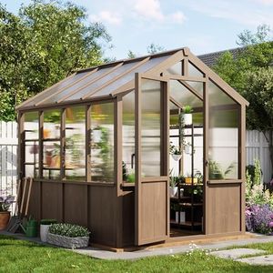 Garvee 6x8 FT Wooden Greenhouse - Walk-in Greenhouses for Outdoors, Large Spruce Frame Green House with PC Panels, Adjustable Roof Vents & Lockable Door, Green Houses for Garden,Backyard,Patio,Lawn