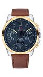 Tommy Hilfiger Men's 48mm Analogue Multifunction Quartz Watch - Semi-Gloss Blue Dial, Light Brown Leather Strap, 3 Sub-Dials, 5ATM Water Resistance - 1791561