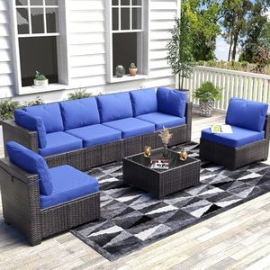 6 Piece Outdoor Patio Furniture Set with Glass Top Coffee Table, Patio Rattan Conversationr Sofa Set, All Weather Sectional Rattan Sofa and Chairs, Poolside, Garden, Porch, Brown + Blue