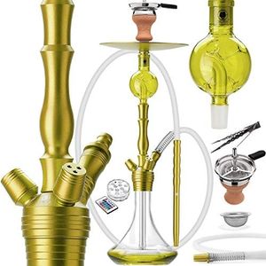 DILAW® Tornado - Set di narghilè Hookah in alluminio, 67 cm + LED, set completo per narghilè a 3 porte, tubo in silicone, testa per tabacco, in acciaio inox, oro