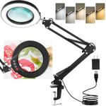 LANCOSC 10X Magnifying Glass with Light and Clamp, 5 Color Modes Stepless Dimmable Lighted Magnifier with Light, Adjustable Swing Arm LED Desk Lamp Hands Free for Close Work Crafts Repair Painting