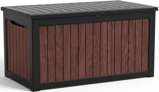 Outdoor Storage Deck Box (390 Gal Gen2) UV-Resistant w/ Gas Struts | Large yard cabinet & woodgrain patio bench,Waterproof,Lockable outside package delivery bin for pool,toys or Christmas decor