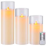 AKU TONPA Pack of 3 Flameless Candles Battery Operated Real Wax Glass Flickering LED Candle Sets with Remote Control Cycling 24 Hours Timer (3" x 8" 10" 12")