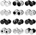 ONESING 12 Pairs Faux Gauge Earrings for Men Black Stud Earrings Silver Mens Earrings Faux Plugs Stainless Steel Earrings Set with Gift Box