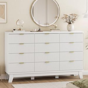 Xixini Fluted Dresser for Bedroom with 12 Drawers, 57" Wide Modern Chest of Drawers with Metal Handle, Wooden Dresser TV Stand, Wood Closet Clothes Storage Organizer for Living Room, Hallway, White