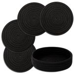 Trivets for Hot Dishes, Trivets for Hot Pots and Pans, Cotton Coasters 4 Pcs and Storage Basket 1 Pack, Pot Holders for Kitchen, Hot Pads for Table, Hot Mats Protect Countertops (Black 4 Pcs)