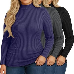 Riyiper 3 Pack Women's Ribbed Plus Size Mock Turtleneck Tops, Long Sleeve Slim Fit T-Shirts Pullover Sweater Basic Layer Top(Black, Dark Gray, Navy Blue,4X-Large)