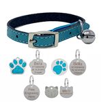 Genuine Leather Cat Collar with Safety Elastic & Bell with Optional Personalised Engraved Tag (Blue, No Tag - Only Collar)