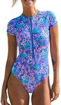 CUPSHE One Piece Swimsuit for Women Mock Neck Zipper Short Sleeve Bathing Suit, Purple Blue Floral, Large