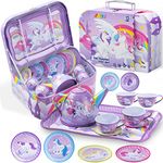 JOYIN Purple Unicorn Tea Set for Toddlers Tea Party Set for Children Kids Pretend Role Play Tin Teapot Set with Cups, Plates and Carrying Case Kitchen Toy for Little Girls Birthday Gifts Age 3 4 5 6