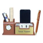 Giftana Personalized Desk Organizer with Pen Set, 2 in 1 Customized Wooden Desk Organizer with Metal Pen, Table Watch & Calendar Gift Set, Customised Corporate Gift for Employee (Tan, Golden)