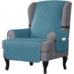 subrtex Wingback Chair Covers Slipcovers 1 Piece Reversible Wing Chair Cover with Pockets, Washable Armchair Slipcover Furniture Protector for Living Room Bedroom (Wingchair, Blue)