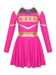 FEESHOW Girls Cheer Leader Shiny Dance Costume Cheerleading Uniform Cosplay Party Fancy Dress Up Musical Outfits with Pompoms Hot Pink B 9-10 Years