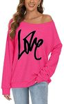 CHICALLURE Womens Off The Shoulder Tops Casual Long Sleeve Sweaters Boat Neck Blouse Graphic T Shirt(Hot Pink, M)