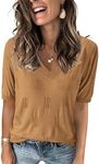 Arach&Cloz Womens Spring Summer Tops 2025 Short Sleeve Plus Size Sweaters V Neck Trendy Fashion Knit Clothes Dressy Cute Casual Outfits Business Work Blouse Light Brown M