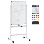 CASART Flip Chart Easel Whiteboard, Double-Sided Magnetic Dry Erase Board with Stand, Eraser, Magnets & Makers, Height Adjustable Mobile Whiteboard for Office Classroom (White, 60 x 90cm)