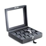 Bey-Berk BB595BLK Black Leatherette Woven Design 15 Case with Glass Top, Adjustable Pillows for Large and Slim Wrist Watches and Locking Clasp