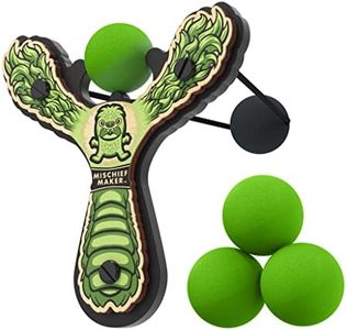 Mighty Fun! - Mischief Maker® Wooden Slingshot - Lil’ Monster Series - Real Wood Slingshot for Kids, 4 Soft Foam Balls and Storage Bag - Ages 4+ (Green)