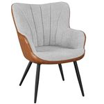 Yaheetech Modern Tub Chair, Boucle Fabric and Leather Living Room Armchair, Side Vanity Chair with Curved High Back and Thick Soft Padded Seat for Bedroom Makeup Reading Nook, Gray/Retro Brown