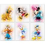 Mickey Mouse Original Watercolor Prints Set of 6 Wall Art Prints for Kids Room Wall Decor (8 x 10 Inch) Minnie Donald Daisy Duck Pluto Goofy