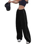 Litthing Womens Baggy Cargo Trousers Elastic Waist Parachute Pants Drawstring Wide Leg Casual Track Pants with Pockets Y2k Streetwear for Women Black