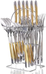 Gilded Silverware Set, 24 Piece Cutlery Set with Holder, Service for 6, Mirror Polished Tableware Set for Home Kitchen, Dishwasher (Gold Silvery)…