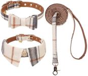 KOOLTAIL Small Dog Collar and Leash Set with Bowtie and Bells - Puppy Collar and Leash for Female/Male with Classic Plaid Matching Pattern, Soft Leather Leashes for Small Dogs Boys Girls, Shirt Plaid