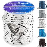 Premium Anchor Rope 100 ft x 3/8 inch, Solid Braid MFP Anchor Line Boat Rope Marine Rope,Boat Anchor Rope with Thimble & Shackle - White/Black