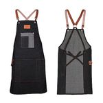 Lanthour Work Apron, Black Denim Canvas Aprons for Men, Cross Back Apron with Pockets, Apron Durable & Adjustable, Apron Workshop for Carpenters Gardeners Chef Artists Decorators, Unisex (Gray-Black)