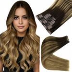 Full Shine Clip in Hair Extensions Human Hair Brown Balayage Hair Extensions Real Human Hair Clip ins Dark Brown Ombre Light Brown Mix Caramel Blonde Seamless Hair Extensions 16 Inch 120 G 8 Pcs