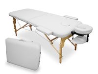 WELLCORE Folding Massage Table, Made of Wood, Leatherette, 185 x 65 cm, Adjustable Height, Removable Head, Two Extension Arms, Facial Hole, White, Up to 225 kg