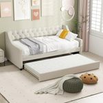 COSTWAY Linen Upholstered Daybed with Trundle Bed, Single Sofa Bed Frame with Button-Tufted Backrest and Wooden Slats Support, 2-in-1 Guest Bed Frame Platform Day Bed for Bedroom Living Room (Beige)