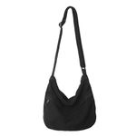 Canvas Messenger Bag Large Hobo Crossbody Bag with Zipper Casual Shoulder Tote Handbag for Women and Men, Black, Large