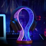 Lampeez Headphone Stand Headset Holder with Blue Pink LED Night Light Walnut Wood for Gamers, Music Lovers Gift Idea