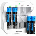 Kratax AAA Batteries Rechargeable 1100mWh Lithium Rechargeable Triple A Battery with Charger 1.5V Constant Voltage Output, 1600 Cycles, for Toys, Remote Controls, Flashlight-4 Pack with Charger