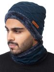 AMOLDO Winter Woolen Unisex Knit Beanie Cap And Neck Warmer Set With Fur Lining | Hat And Scarf Soft And Warm Combo Set For Men And Women (IN, Alpha, Free Size, Navy, Beanie Neck Set With Gloves)