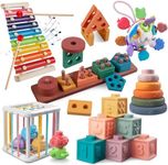Baby Toys for 6 to 12 Months, Montessori Toys for Babies 6 Months -3 Year Old, 6 in 1 Wooden Sorting and Stacking, Blocks, Activity Cube, Rattle Teether, Xylophone, Toys Gift for Boys Girls Toddlers