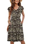 MOLERANI Women Summer Dresses Ruffle Sleeve V Neck Casual Swing Elastic Waist Midi Dress with Pockets Dark Paisley Floral Black XL