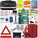 Car Emergency Kit,Roadside Safety Tool Kit with Jumper Cable,First Aid Kit, Safety Hammer,Tow Strap,Reflective Warning Triangle for Women,Men,Teenagers