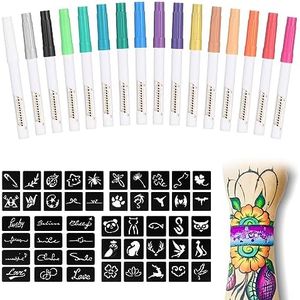 Anmmy Temporary Tattoo Metallic Markers for Skin,16-Count Body Markers+77 Large Tattoo Stencils of Assorted Colors for kids and Adults,Flexible Brush Tip, Bright colors, Skin-Safe*,Cosmetic-Grade.