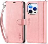 TUCCH Wallet Case for iPhone 15 Pro, [Wrist Strap] Kickstand RFID Blocking 4 Card Slots, Magnetic Closure PU Leather Shockproof TPU Shell Compatible with iPhone 15 Pro 5G 6.1", Pink with Wristlet