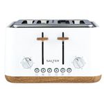 Salter EK5823WHT Toronto 4-Slice Toaster – Wide Slots, 6 Browning Levels, Removable Crumb Tray, Defrost, Reheat, Cancel, Self-Centring Function, High-Lift Eject, 1630 W, Wood Effect, Matt White