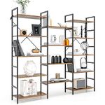 COSTWAY 5-Tier Industrial Bookshelf, Large Triple Ladder Bookcase Storage Shelving Unit with 14 Open Shelves, Freestanding Metal Frame Wooden Display Rack Shelf for Living Room, Bedroom and Office