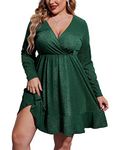 IN'VOLAND Plus Size Women's Plus Size Long Sleeve Surplice Deep V Belted Ruched Mini Party Bodycon Dress Dark Green 22Plus