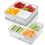 MineSign 2Pack Snack Container Divided Veggie Serving Tray with Lid Salad Keeper with 4 Removable Boxes Stackable Refrigerator Organizer Bins Produce Saver for Meal Prep Fruit