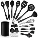 Herogo Silicone Kitchen Utensil Set, 30 Piece Cooking Utensils with Holder, Heat Resistant Kitchen Tools Set for Non-Stick Cookware Pans, Turner Spatula Whisk Tong 10 Hooks, Dishwasher Safe - Black