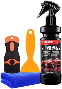SHIELDOM Adhesive Remover, Dissolve & Soften Adhesives on Car Glass & Paint, Easily Remove Glue Sticker Labels Decals Tape Residue, Portable Spray Removal Set with Scraper, Spatula, Towel -3.4oz/100ml