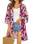 Women's Puff Sleeve Kimono Cardigan Floral Print Beach Coverup Loose Casual Top Blouse (Black White Pink,L)