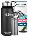 Paratito® Vacuum Flask with Tea Infuser/Fruit Insert – Insulated Stainless Steel Water Bottle 1L – Travel Flask for Hot and Cold Drinks – 1 Litre to-Go Thermal Bottle for Office, Yoga, and Hiking